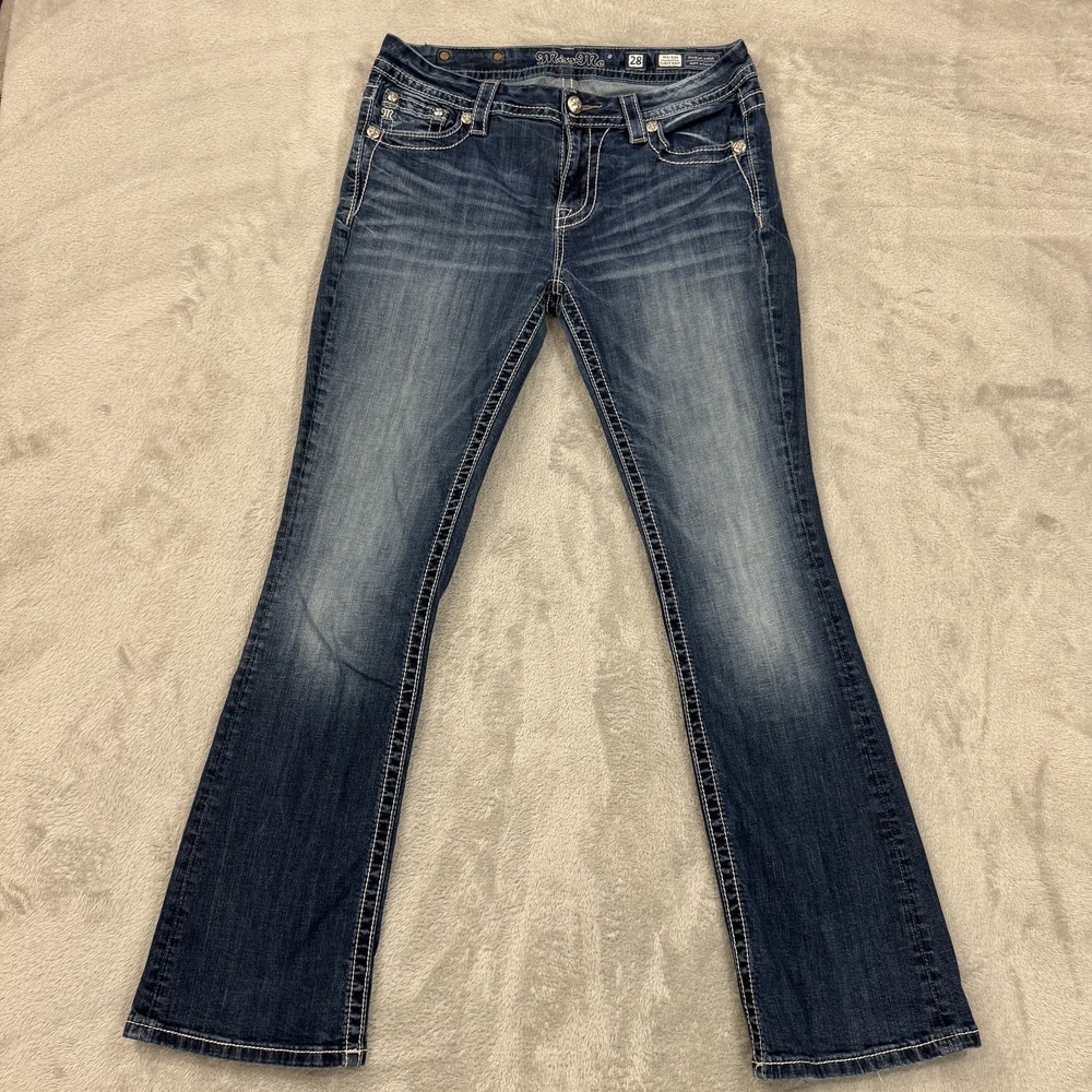 Miss Me Jeans Womens 28 Curvy Bootcut Stretch Embellished Dark Wash Blue Denim